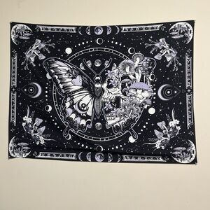 Mystical Butterfly and Mushroom Tapestry - Black and White